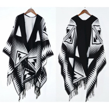 Womens Cashmere Feel Geometry Printing Fancy Cape Stole Poncho Shawl (SP308)